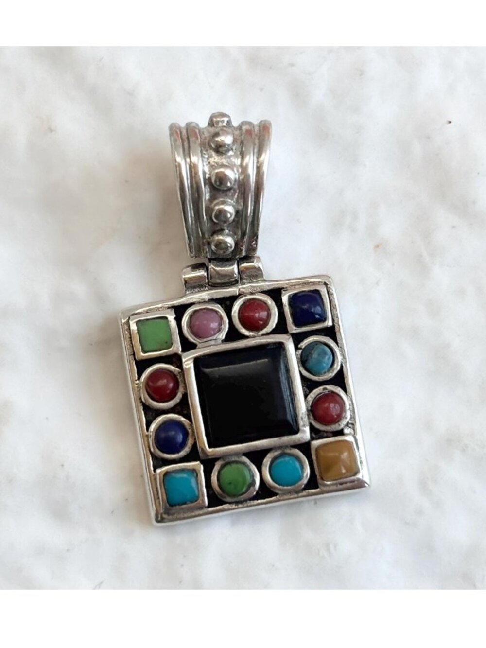 Rainbow Multi Gemstone Mexico Made Vintage Sterling Silver 925 Pendant | Charm